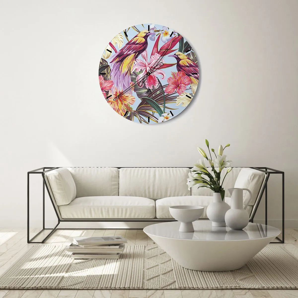 Wall clock - Clock on glass - Flakes and Feathers - 30x30 cm