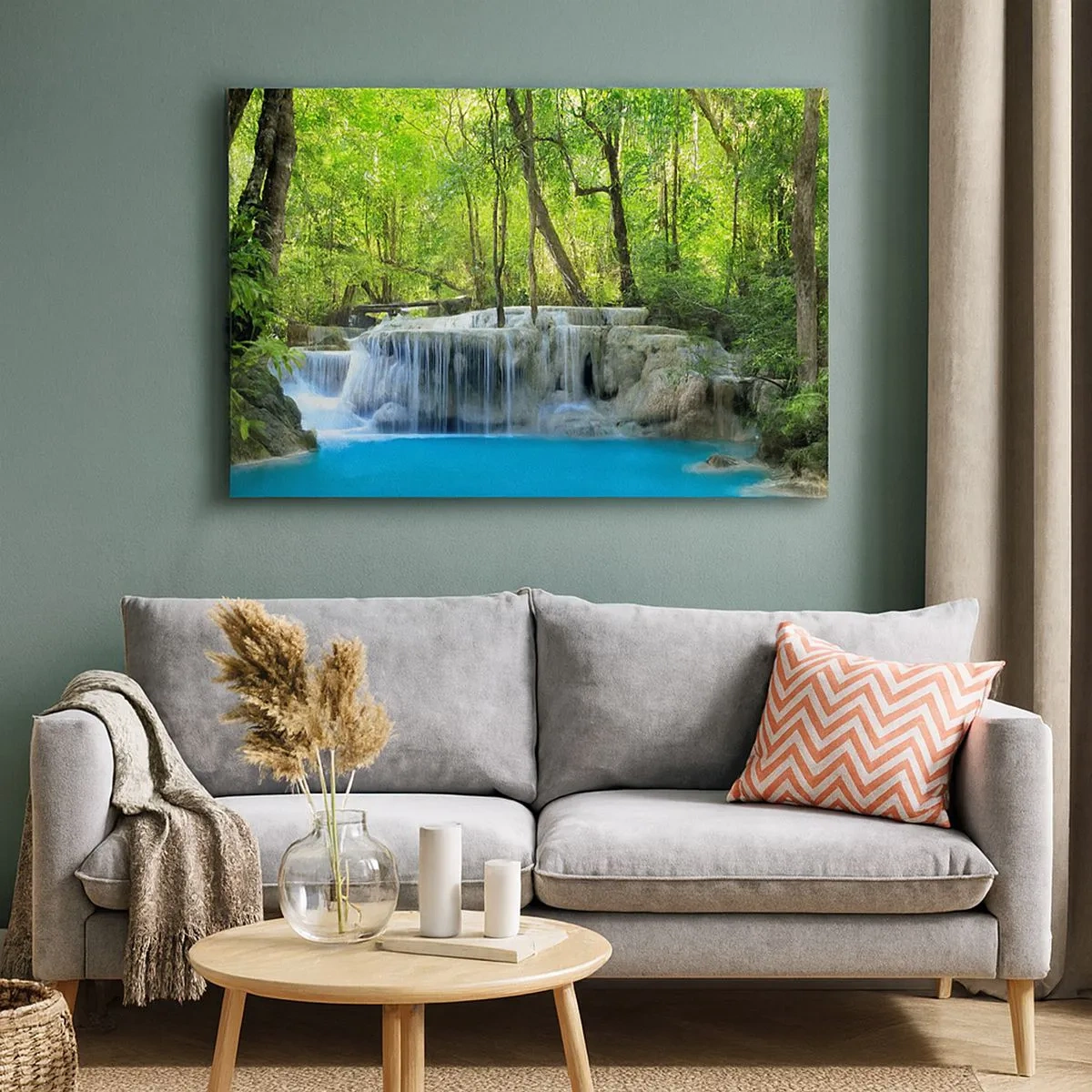 Canvas picture - A waterfall among green trees with blue water in a natural setting - 70x50cm - Drowning in Turquoise and Green - Modern wall decoration for the living room and bedroom ARTTOR