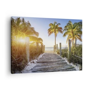 Canvas picture - Wooden path on the beach with palm trees in the background - 70x50cm - Straight to Paradise - Modern wall decoration for the living room and bedroom ARTTOR
