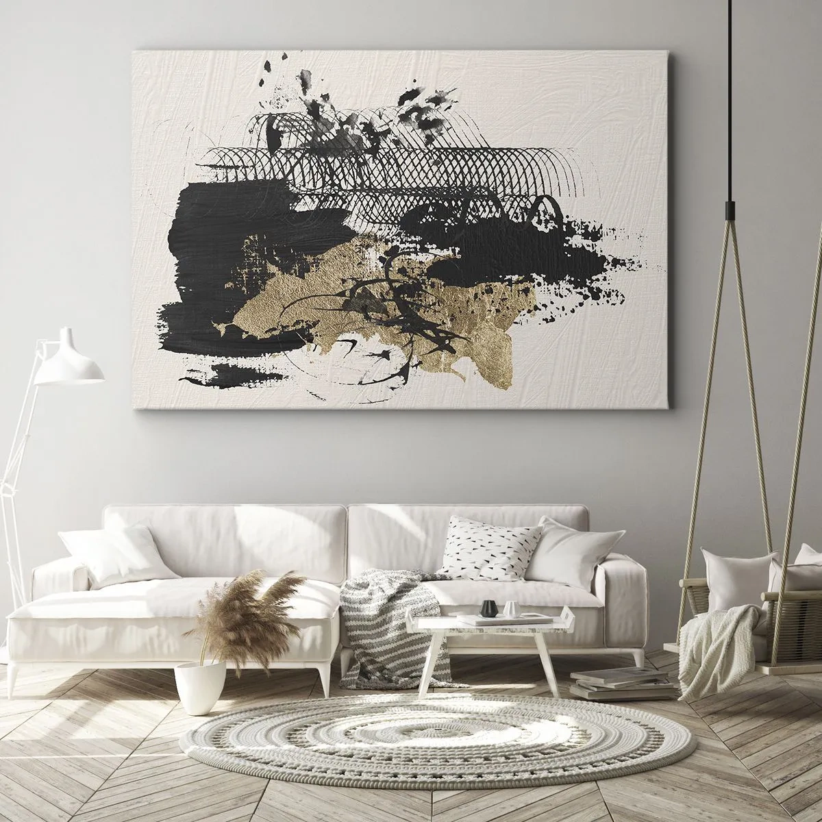 Canvas picture - An abstract painting in black and gold with dynamic lines and structures. - 70x50cm - Composition With Passion - Modern wall decoration for the living room and bedroom ARTTOR