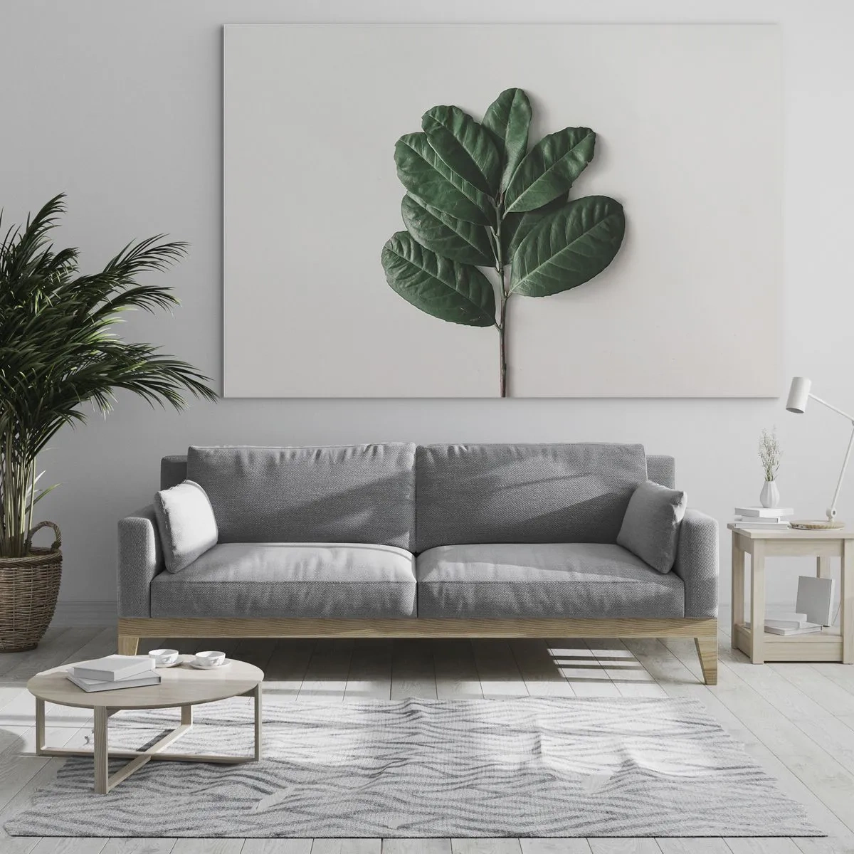 Glass picture - A branch with green leaves on a light background - 70x50cm - Drawing of Nature Itself - Modern wall decoration for the living room and bedroom ARTTOR