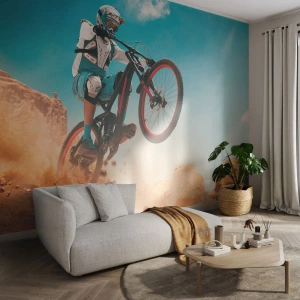 Photo Wallpaper Standard Eco - A mountain biker in action against a desert landscape - 100x70cm - Madness on Wheels - Modern wall decoration for the living room and bedroom ARTTOR