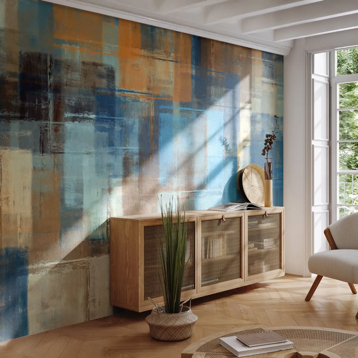 Photo Wallpaper Standard Eco - Through Blue Curtain - Abstraction, Piece, Paint - 200x140 cm