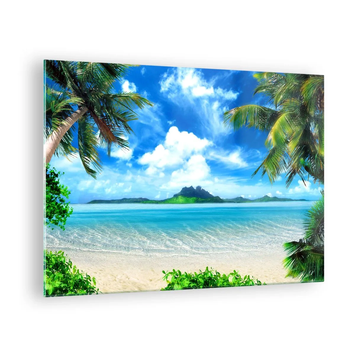 Glass picture - A tropical beach with palm trees and a view of a mountainous island - 70x50cm - Blue Tropics - Modern wall decoration for the living room and bedroom ARTTOR