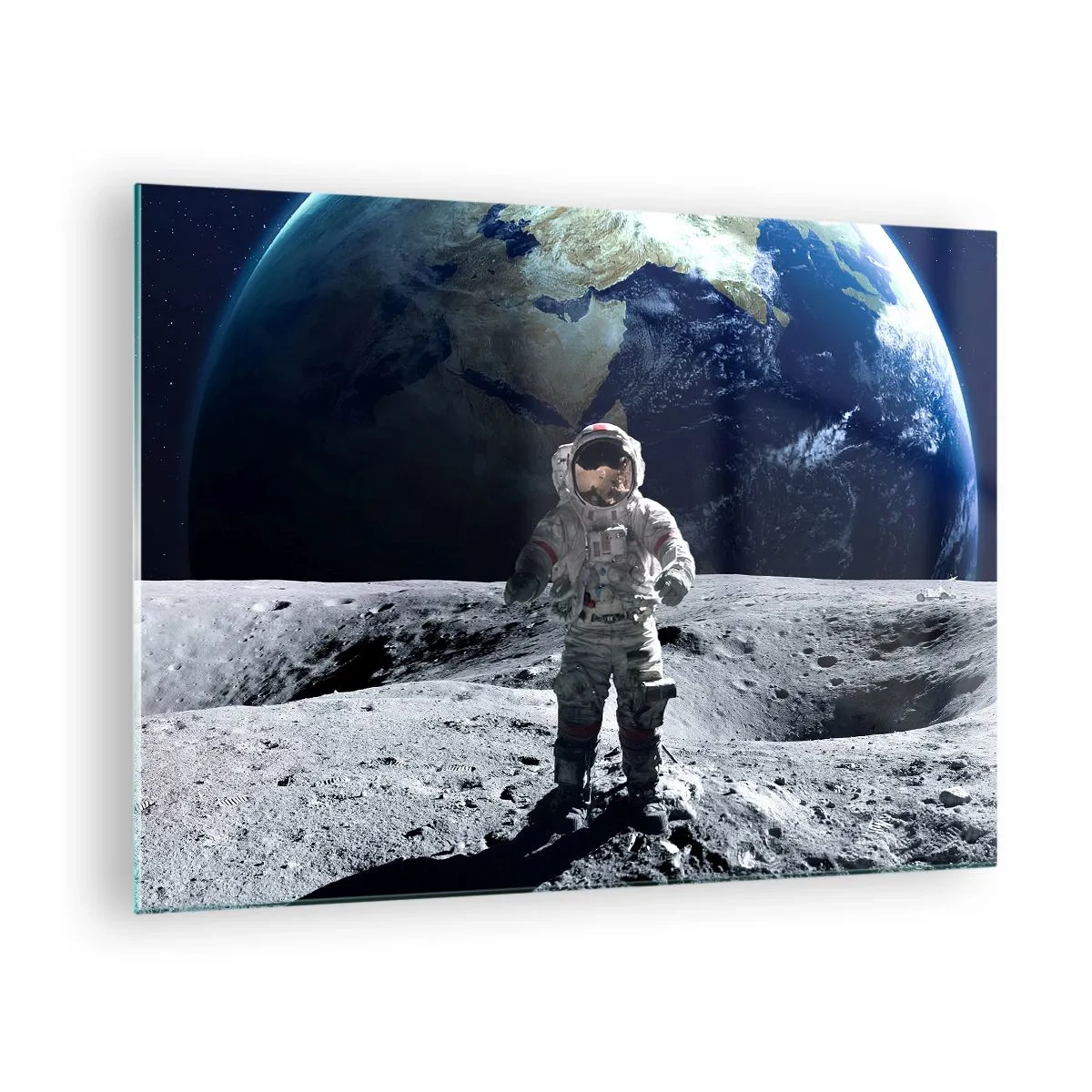 Glass picture - Astronaut on the surface of the Moon with Earth in the background - 70x50cm - Greetings from the Moon - Modern wall decoration for the living room and bedroom ARTTOR