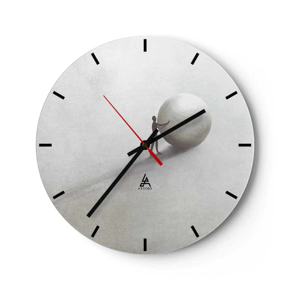 Wall clock - Clock on glass - A figure pushes a ball across a bright desert background in a symbolic scene. - 30x30cm - Game of Life - Modern wall decoration for the living room, kitchen, and bedroom ARTTOR