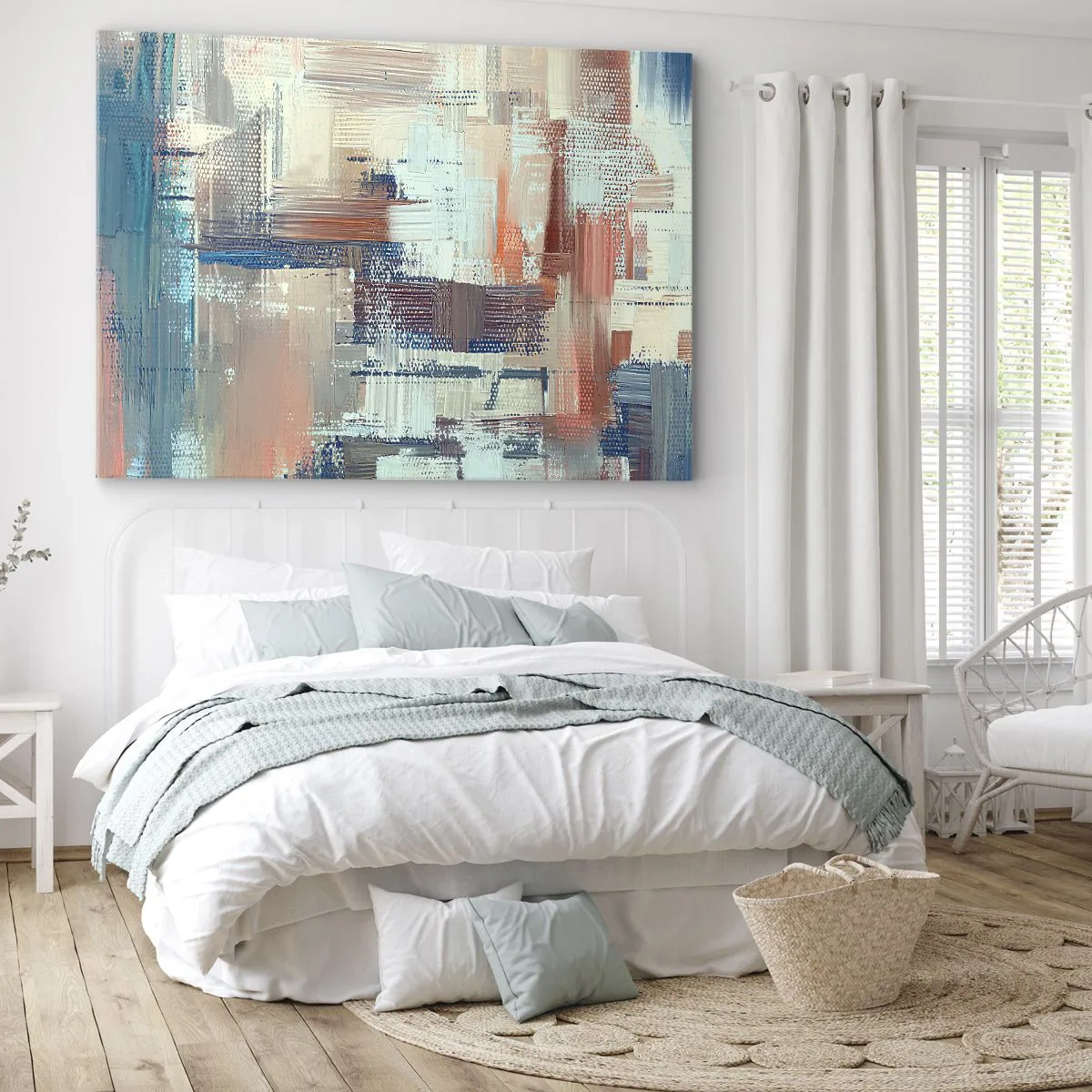 Canvas picture - Abstract composition in shades of blue and beige - 70x50cm - Reaching Light - Modern wall decoration for the living room and bedroom ARTTOR