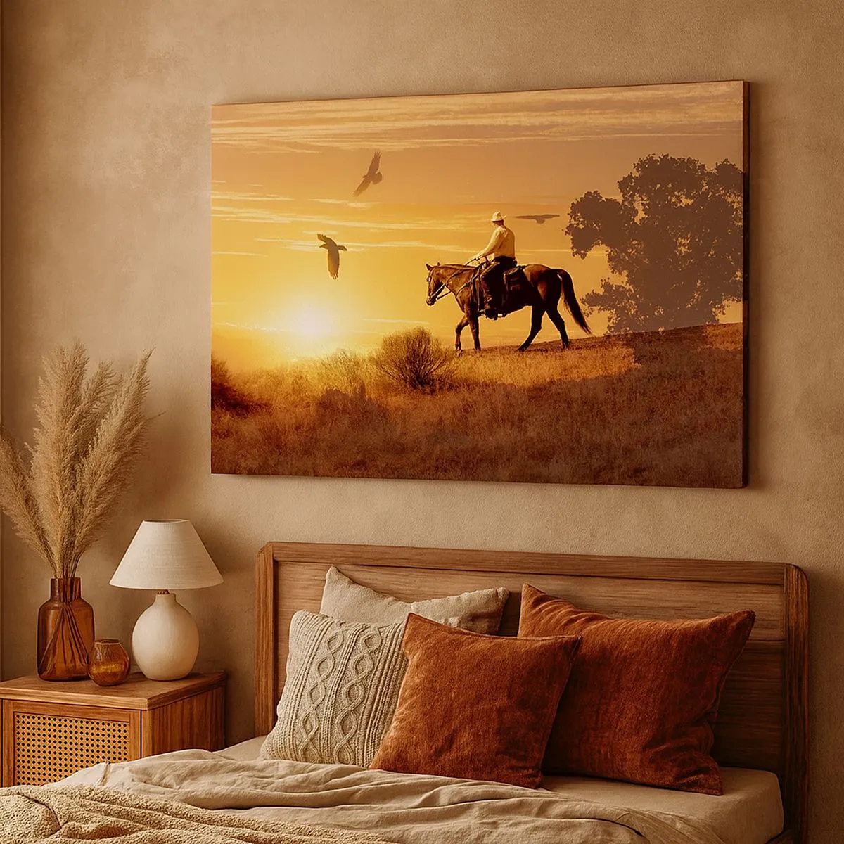 Canvas picture - A rider on a horse at sunset against the prairie - 70x50cm - Alone through the Prairie - Modern wall decoration for the living room and bedroom ARTTOR