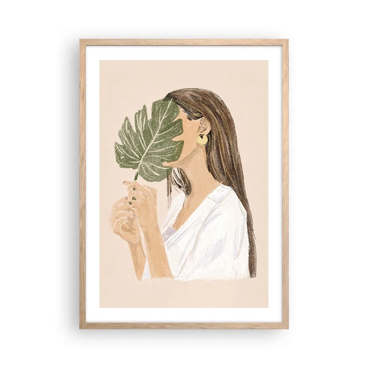 Poster in light oak frame - Mysterious Portrait with a Fan - 50x70 cm