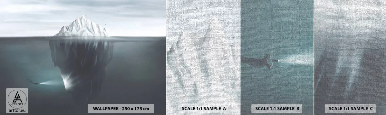 Photo Wallpaper Sample Premium Canvas - Underwater Secret - Iceberg, Glacier, Diver - 100x30 cm