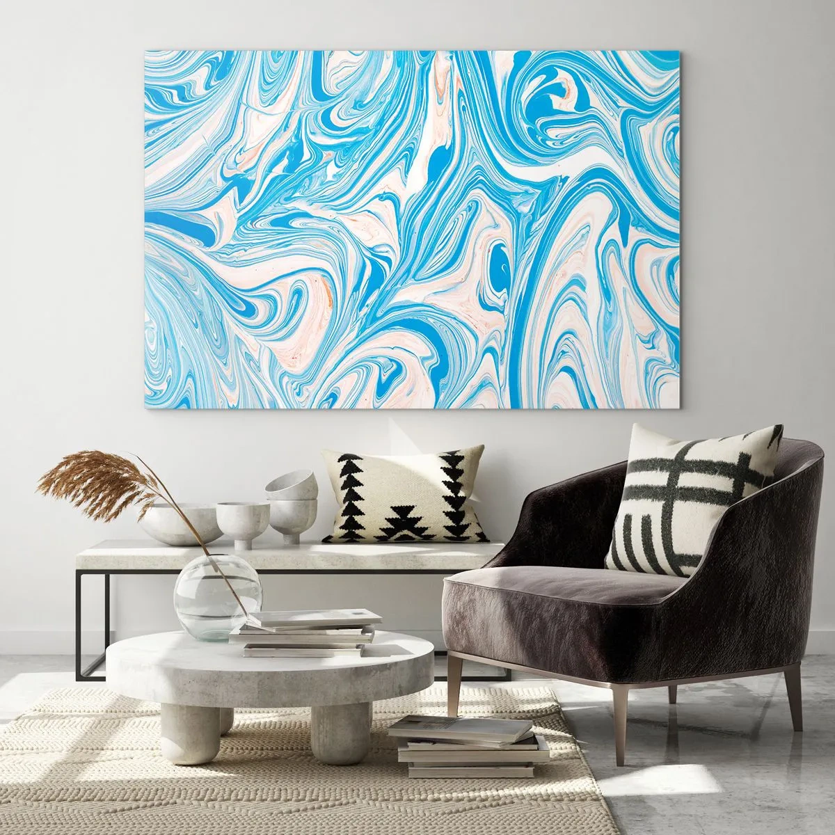 Glass picture - Abstract pattern in turquoise and beige shades - 70x50cm - Floodplain in Turquoise - Modern wall decoration for the living room and bedroom ARTTOR