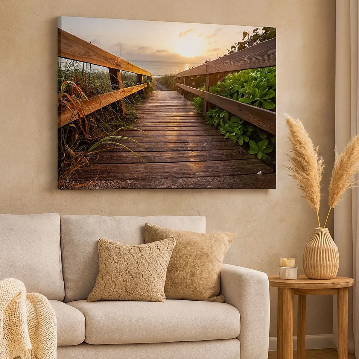 Canvas picture - Wooden jetty leading to the beach at sunset - 70x50cm - Straigh to the Shore - Modern wall decoration for the living room and bedroom ARTTOR