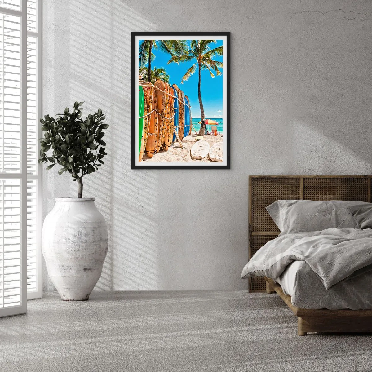 Poster in black frame - Surfboards on a beach with palm trees and a blue sky - 50x70cm - Sunny Fun - Modern wall decoration for the living room and bedroom ARTTOR