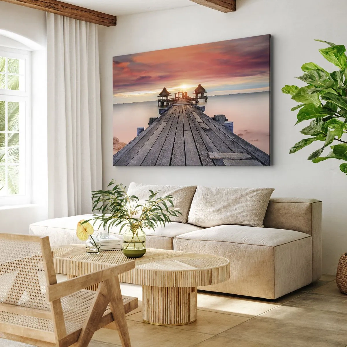 Canvas picture - Wooden pier leading to gazebos at sunset - 70x50cm - Sunset on the East - Modern wall decoration for the living room and bedroom ARTTOR