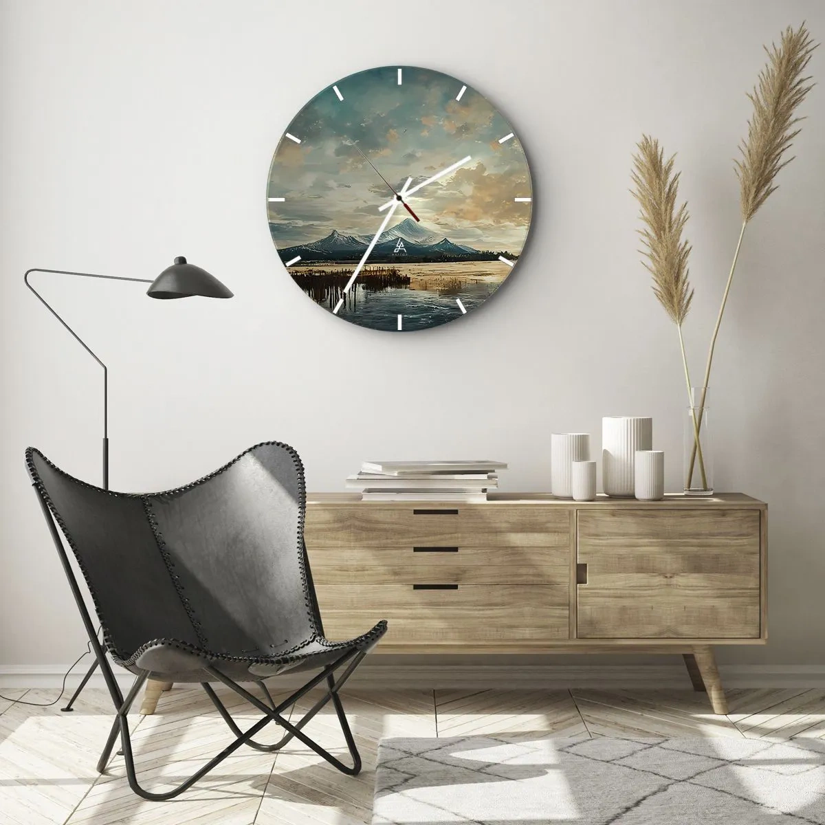 Wall clock - Clock on glass - Snow-capped mountain peaks reflected in the lake's surface - 30x30cm - Under Heaven's Protection - Modern wall decoration for the living room, kitchen, and bedroom ARTTOR