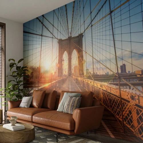 Photo Wallpaper Premium Sand - On a Golden Bridge - New York, Brooklyn Bridge, Architecture - 350x256 cm