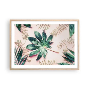 Poster in light oak frame - Study in Green on Pink Background - 70x50 cm