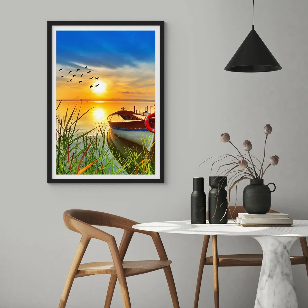 Poster in black frame - A boat on the shore of a lake at sunset with birds in the sky - 50x70cm - Cormorants Are Flying Away - Modern wall decoration for the living room and bedroom ARTTOR