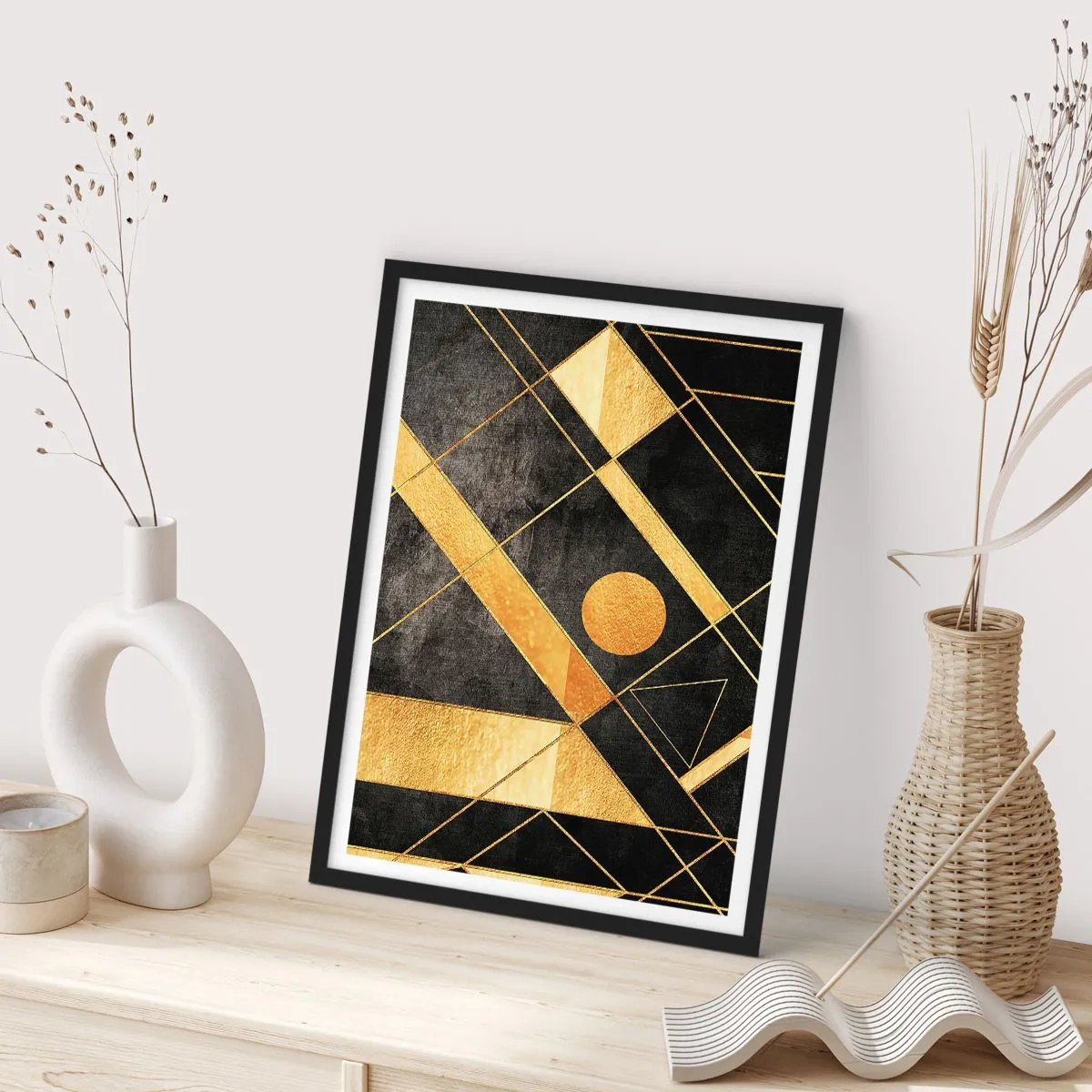 Poster in black frame - Golden geometric patterns on a black background - 50x70cm - Sun of the Desert - Modern wall decoration for the living room and bedroom ARTTOR