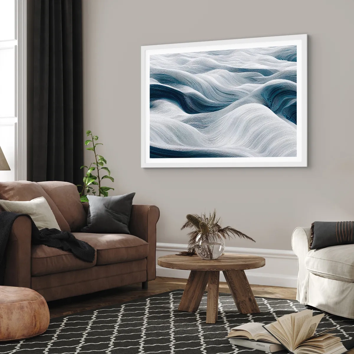 Poster in white frmae - White and Blue Waves - 91x61 cm