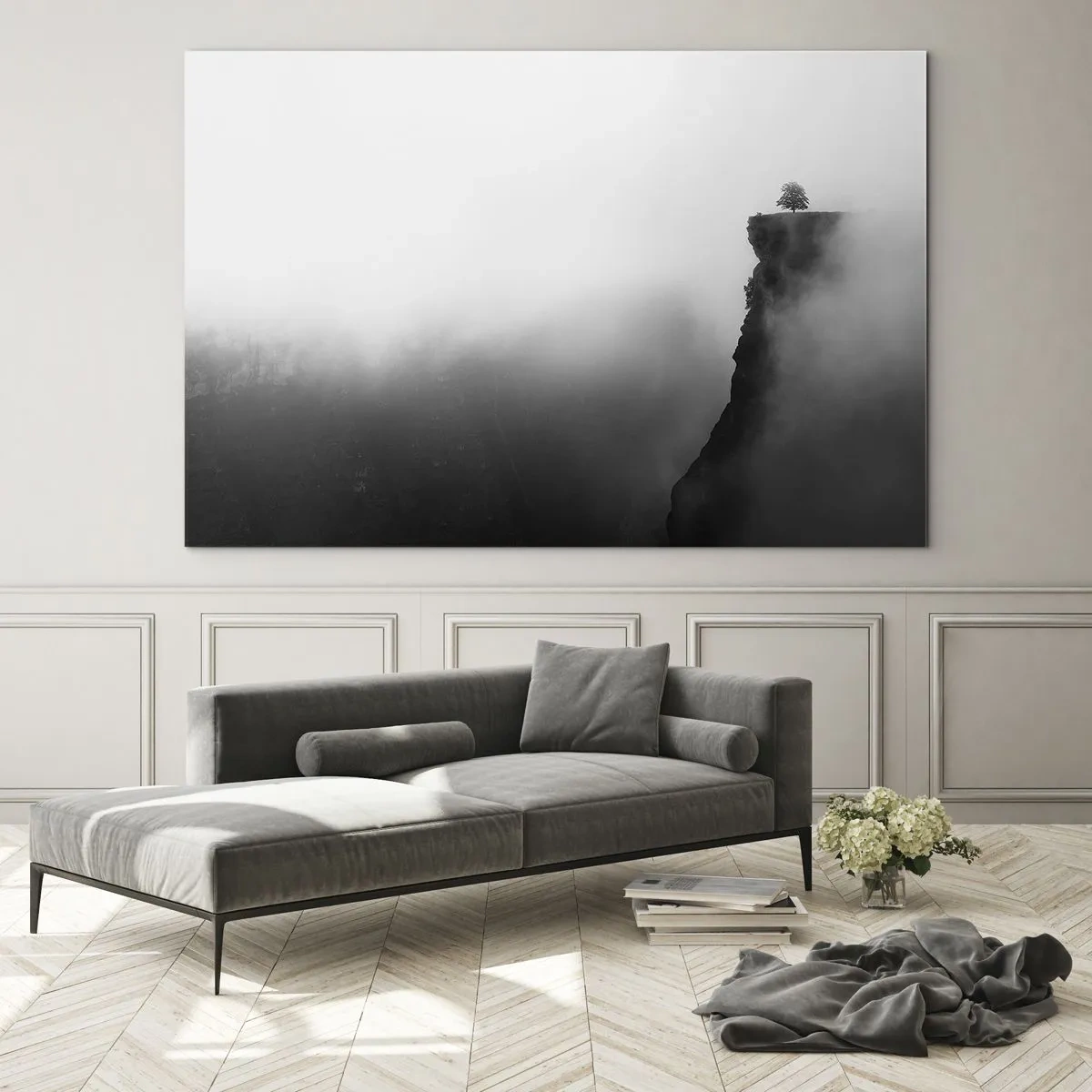Glass picture - A lone tree on the edge of a cliff in thick fog - 70x50cm - On the Edge of the World - Modern wall decoration for the living room and bedroom ARTTOR