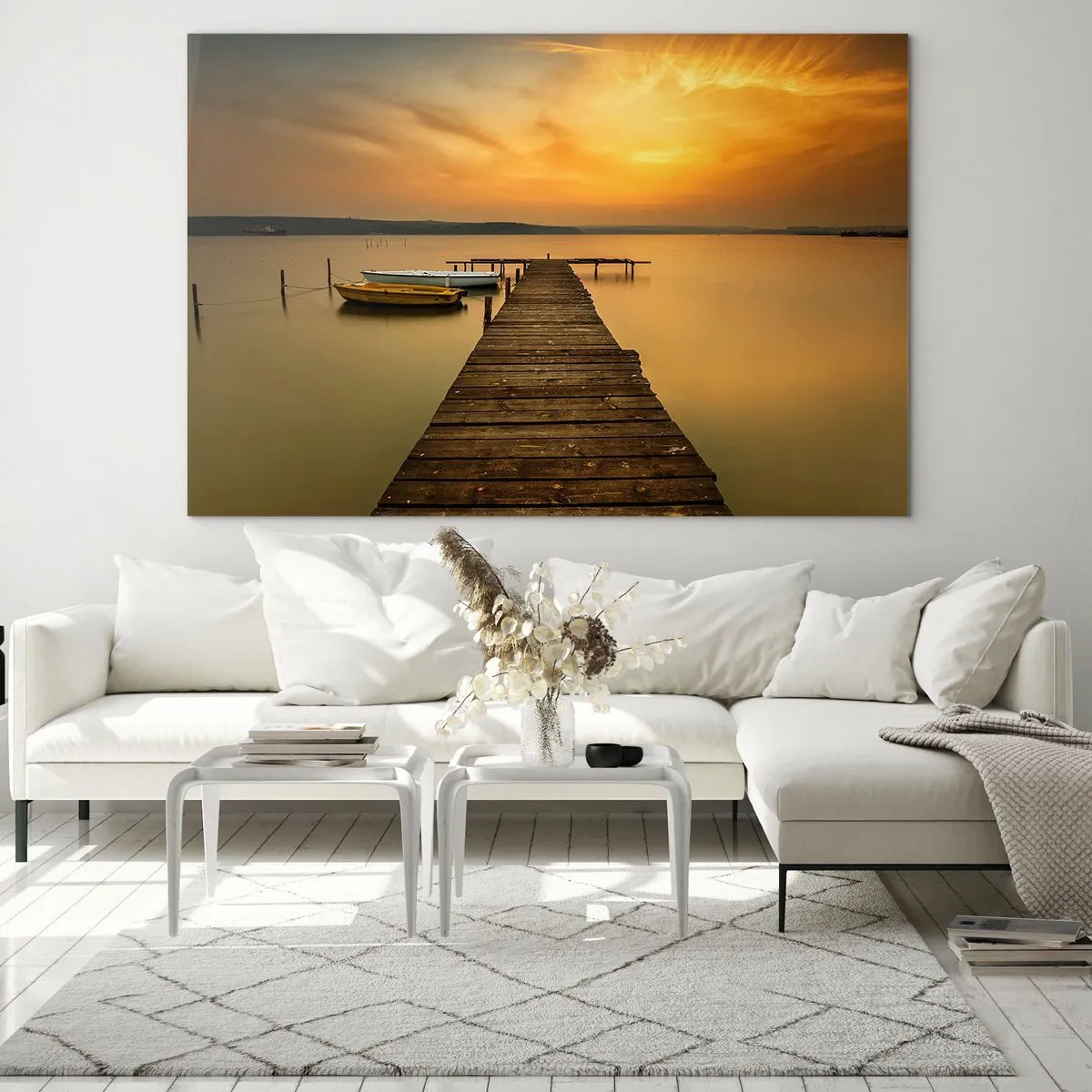 Glass picture - Pier on the lake at sunset with a boat - 70x50cm - I Will Open up Golden Sky before You - Modern wall decoration for the living room and bedroom ARTTOR