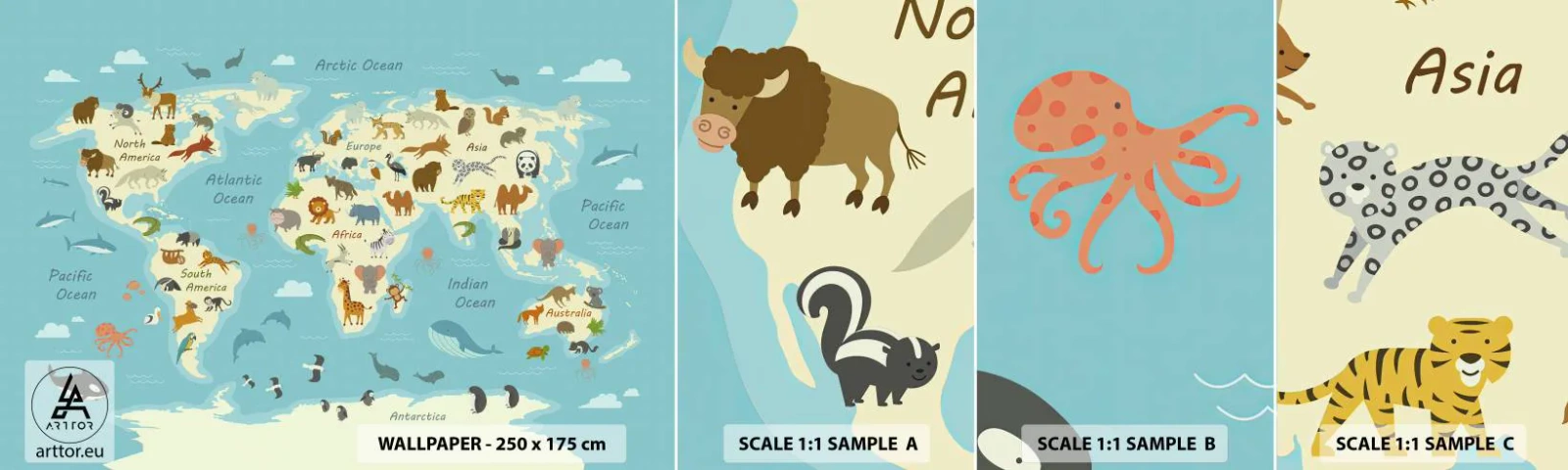 Photo Wallpaper Sample Standard Eco - Good Neighbours - World map, Map With Animals, Animals - 100x30 cm