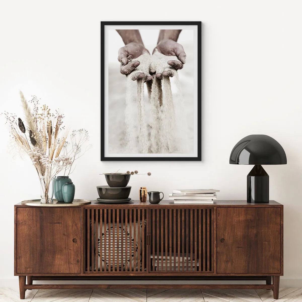 Poster in black frame - Hands holding sand, symbolizing the fleetingness and fragility of the moment - 50x70cm - With These Bare Hands - Modern wall decoration for the living room and bedroom ARTTOR