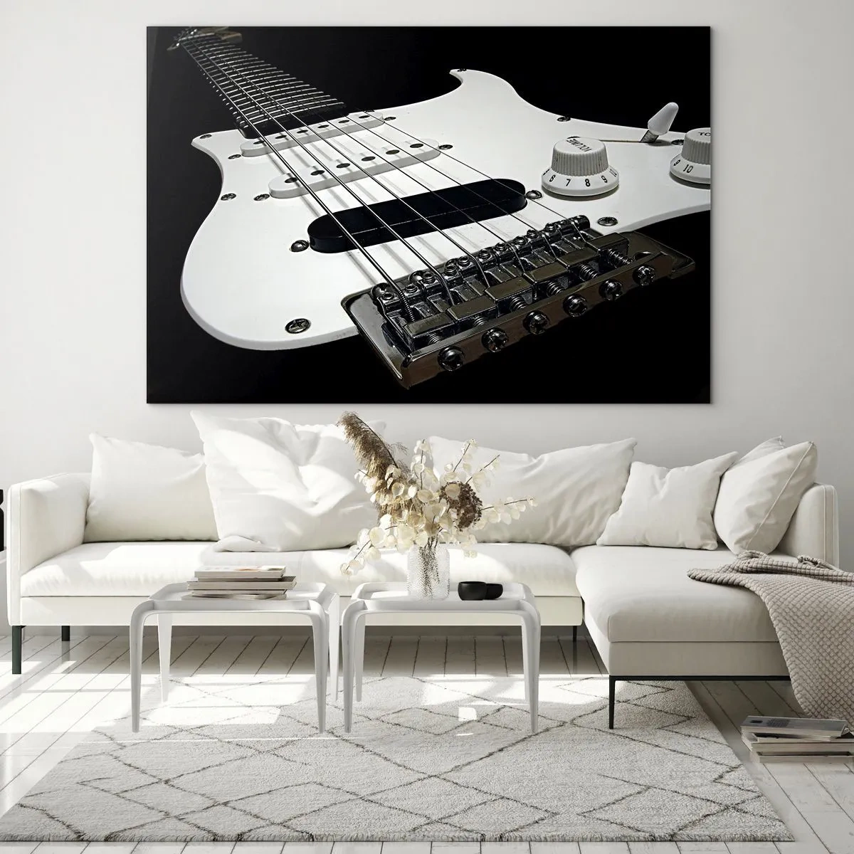 Glass picture - Close-up of a white electric guitar against a dark background - 70x50cm - Sound Hidden in White - Modern wall decoration for the living room and bedroom ARTTOR