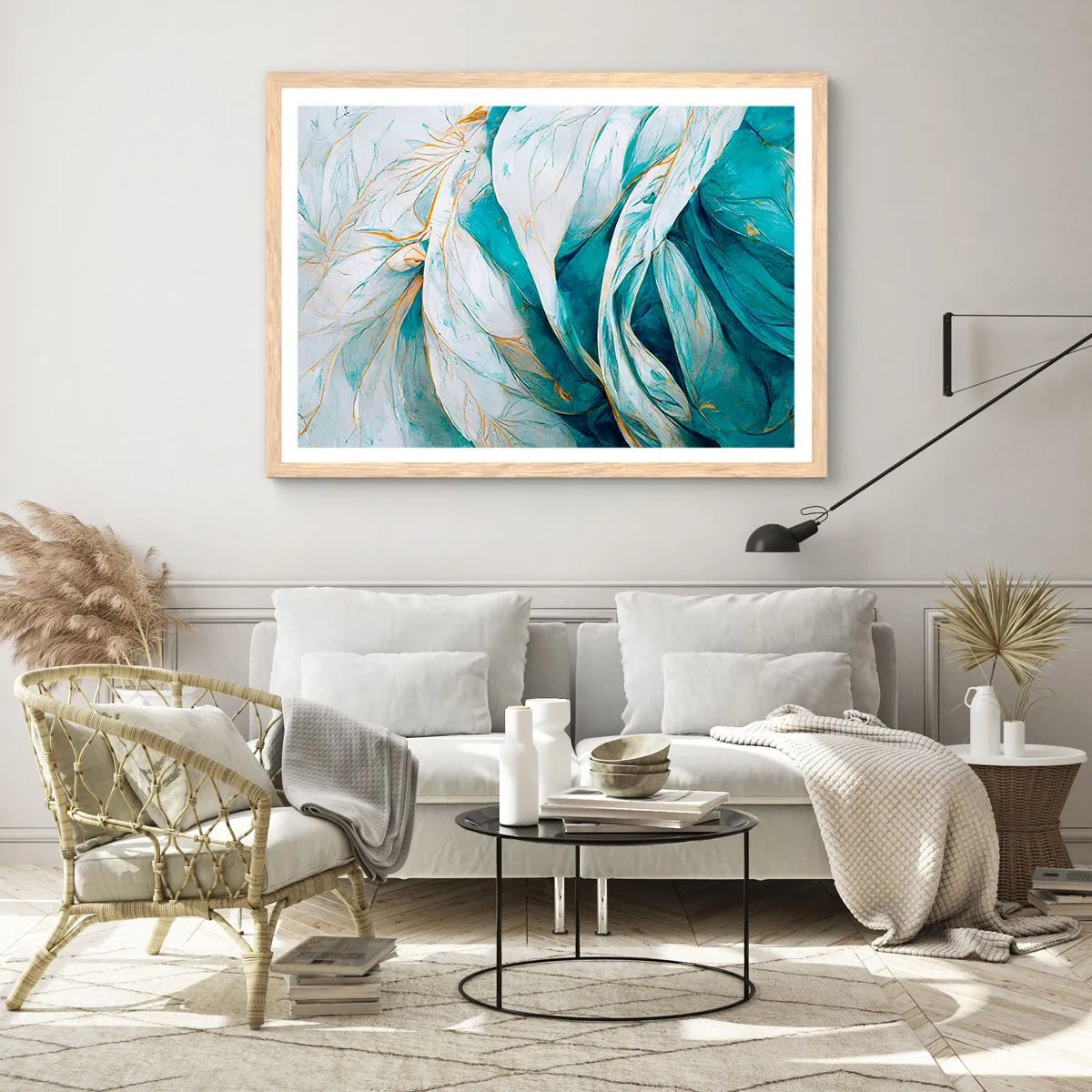 Poster in light oak frame - Blue Abstract with a Golden Motif - 70x50 cm