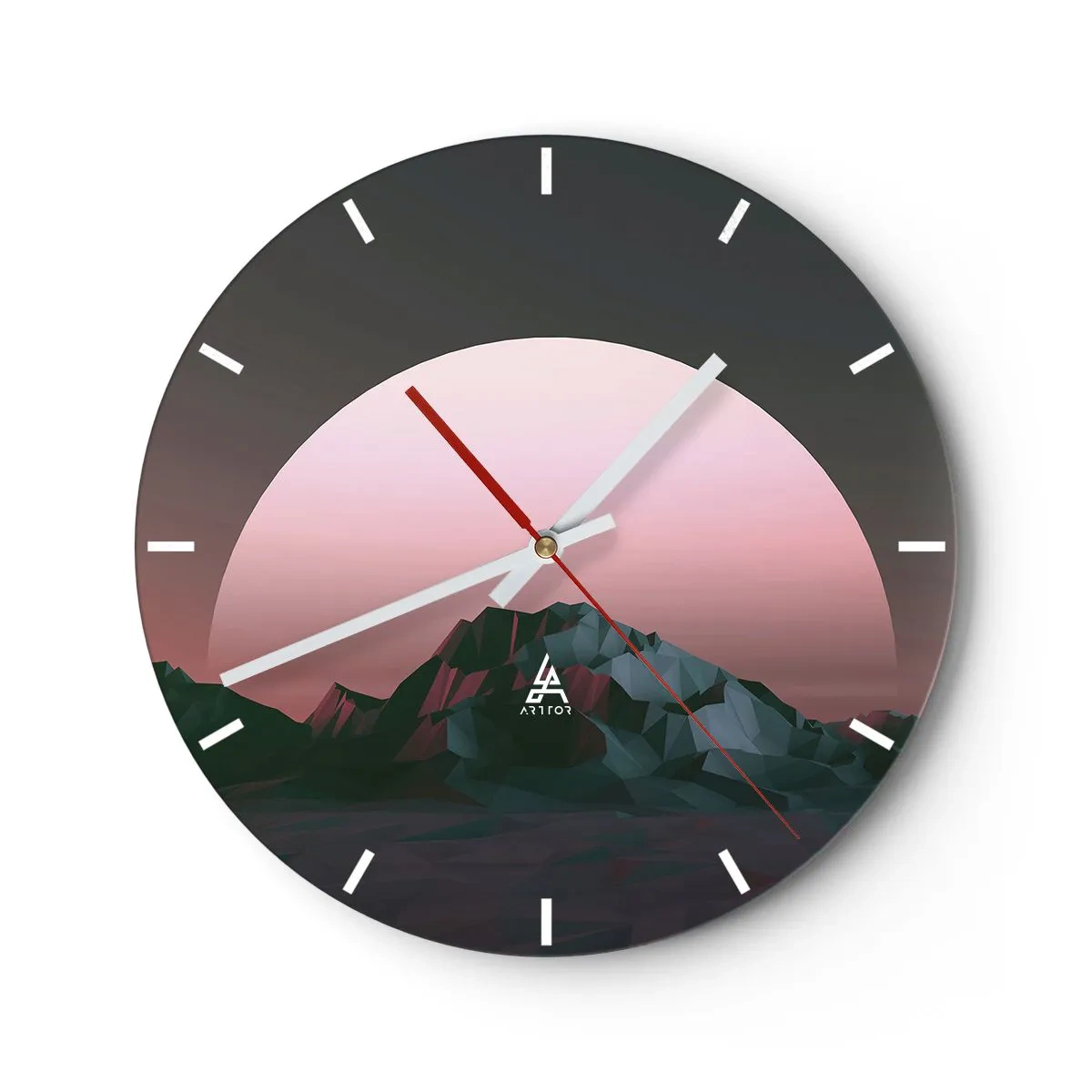 Wall clock - Clock on glass - A mountain landscape with a pink sunset in the background - 30x30cm - In a Neighbouring Galaxy - Modern wall decoration for the living room, kitchen, and bedroom ARTTOR