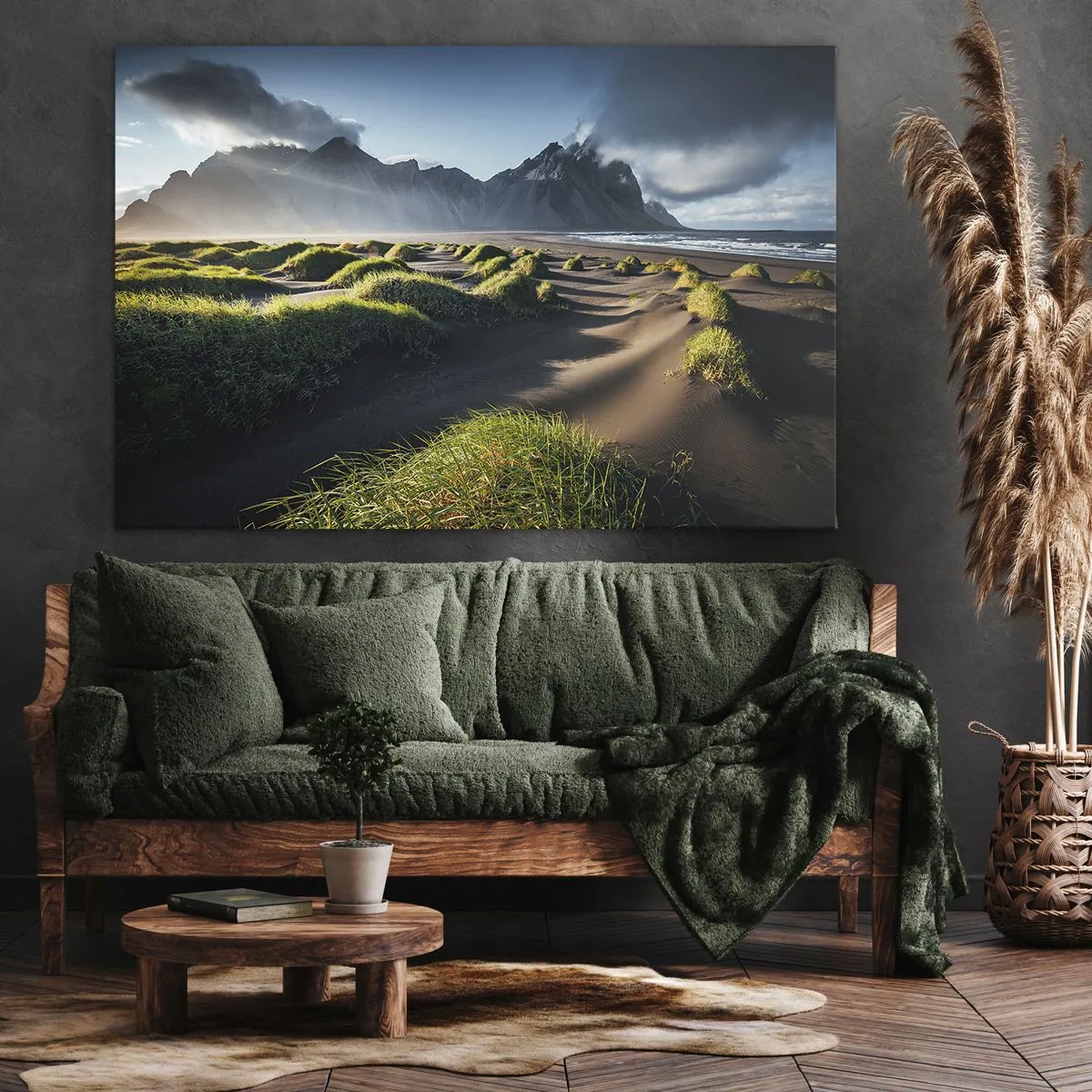 Canvas picture - Green dunes with a mountain backdrop under a blue sky - 70x50cm - Harmony of Elements - Modern wall decoration for the living room and bedroom ARTTOR