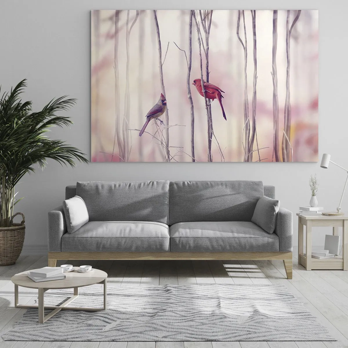 Glass picture - Two birds among delicate twigs in pastel tones - 70x50cm - Tale of a Pink Forest - Modern wall decoration for the living room and bedroom ARTTOR