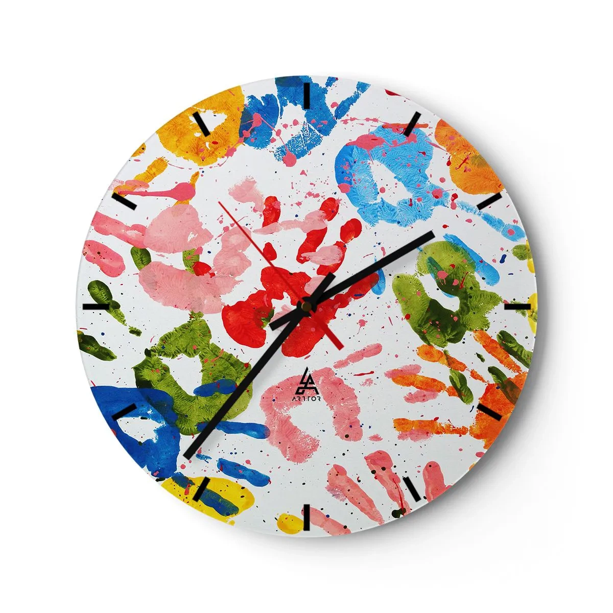 Wall clock - Clock on glass - Colorful handprints on a white background - 30x30cm - High Five! - Modern wall decoration for the living room, kitchen, and bedroom ARTTOR