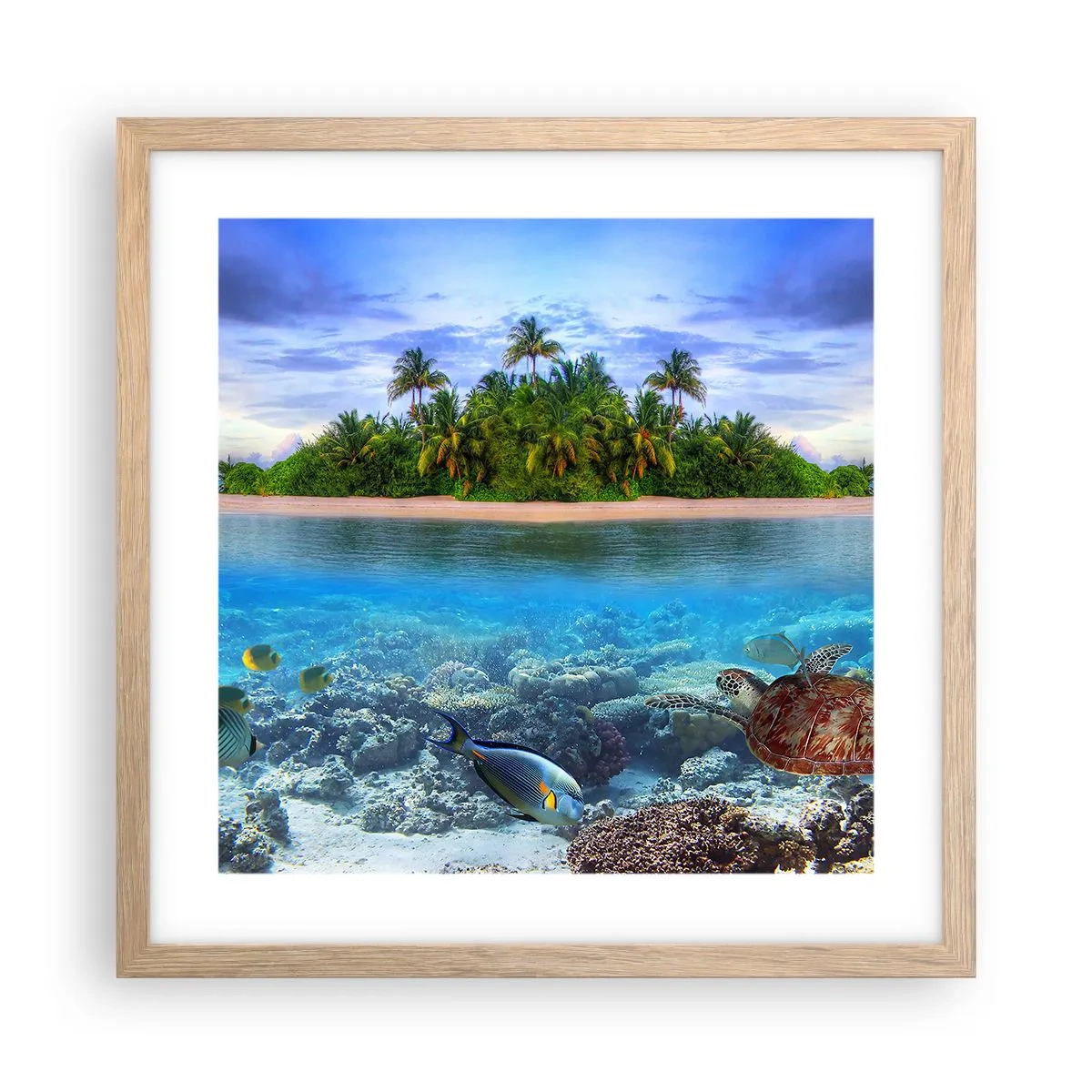 Poster in light oak frame - Heavenly Island Invites You - 40x40 cm
