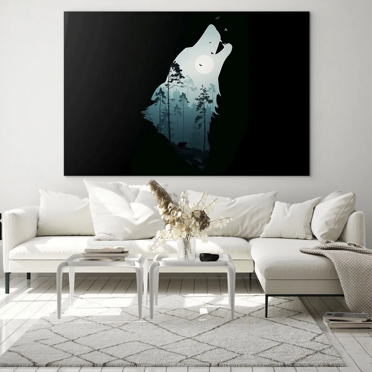 Glass picture - Silhouette of a wolf with a forest and moon in the background on a black background - 70x50cm - Sound of a Night Forest - Modern wall decoration for the living room and bedroom ARTTOR