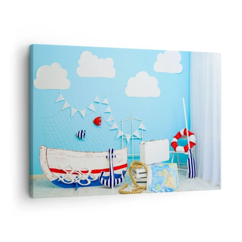 Canvas picture - Nautical decoration with a boat and accessories on a blue background - 70x50cm - Child's Longing for Adventure - Modern wall decoration for the living room and bedroom ARTTOR