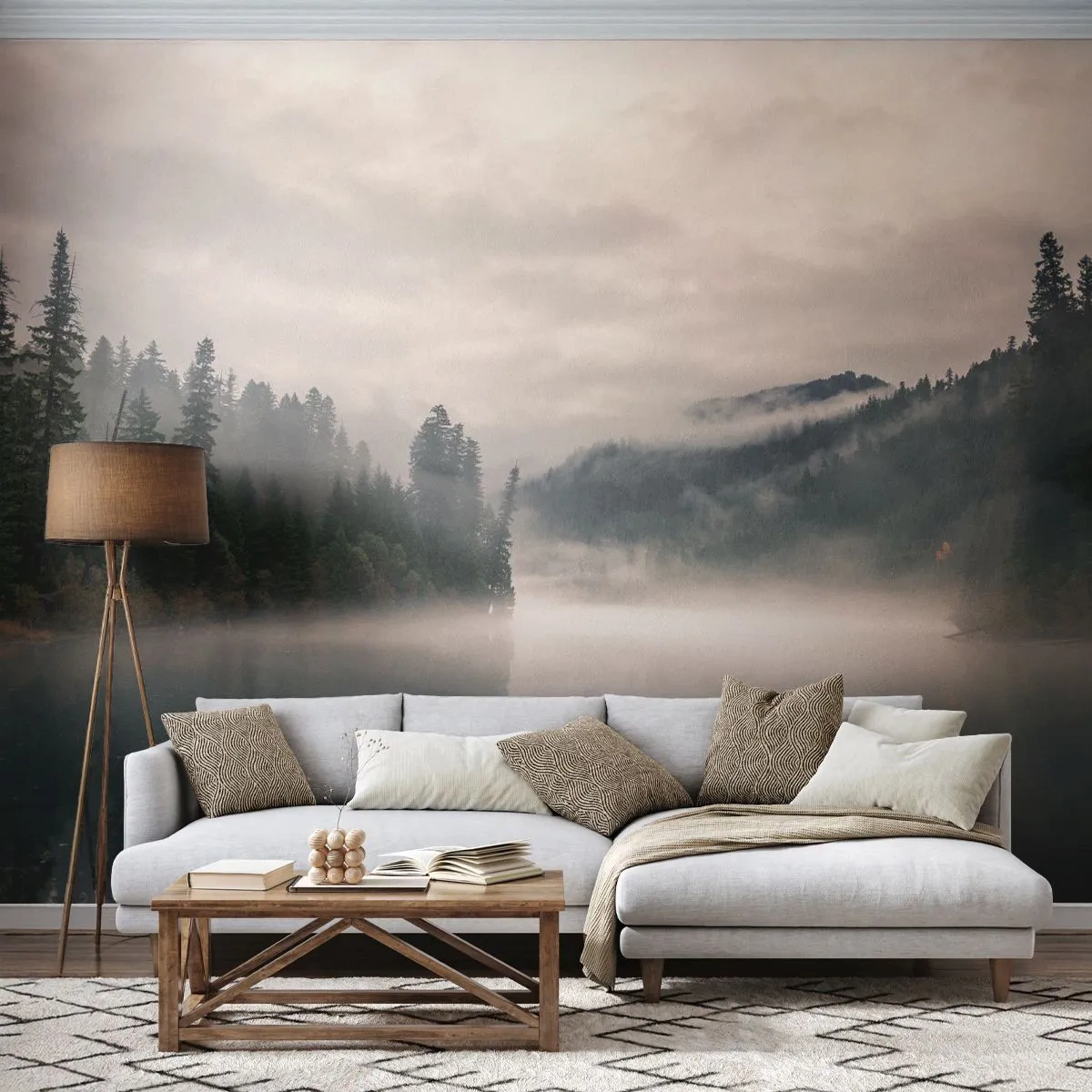 Photo Wallpaper Premium Sand - Musing in the Fog - Landscape, Forest, Mountains - 100x70 cm