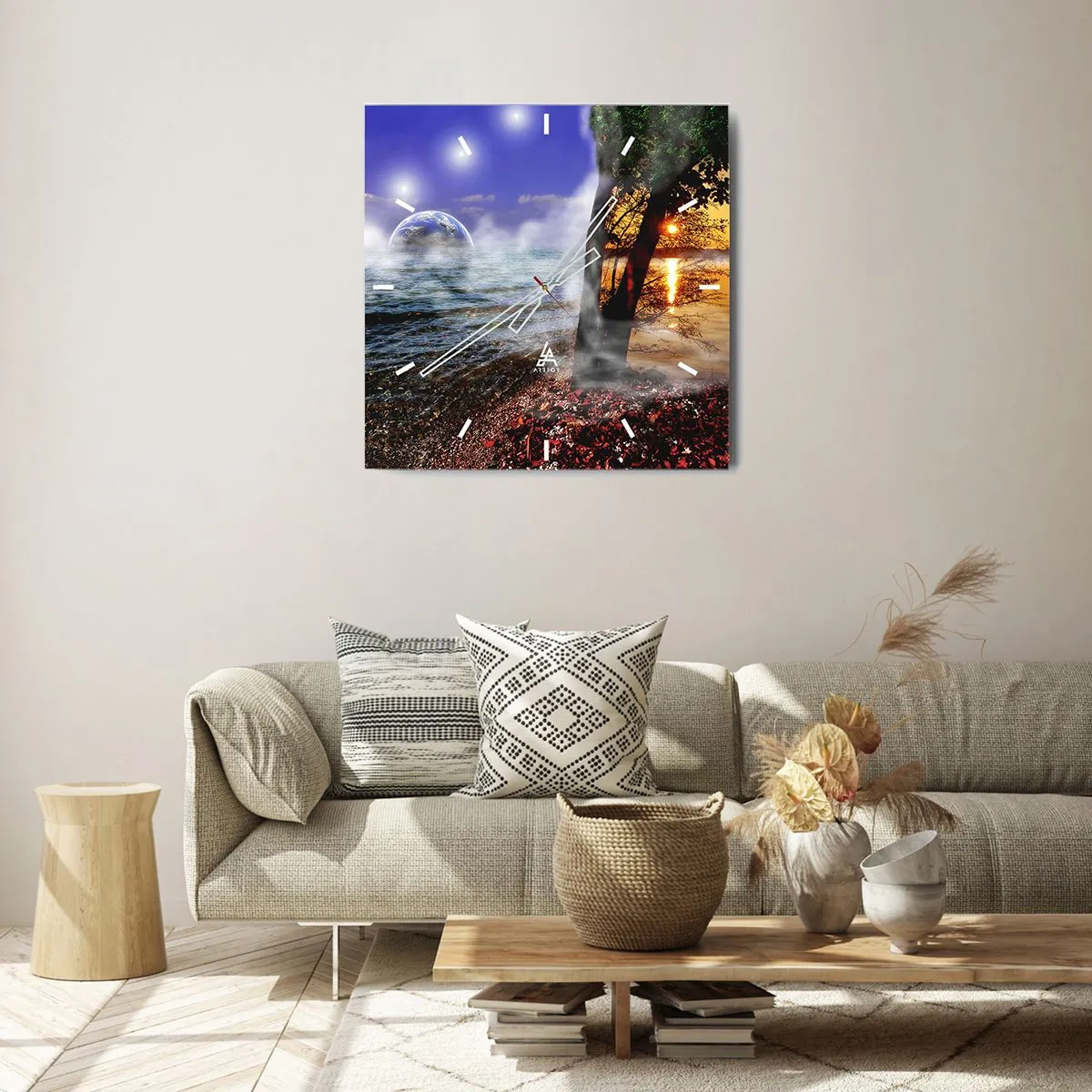 Wall clock - Clock on glass - Surrealistic Landscape - Unity of Nature - 40x40 cm