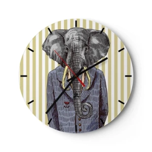 Wall clock - Clock on glass - An elegant drawing of an elephant in a suit against a background of vertical stripes. - 30x30cm - Elegant By Nature - Modern wall decoration for the living room, kitchen, and bedroom ARTTOR