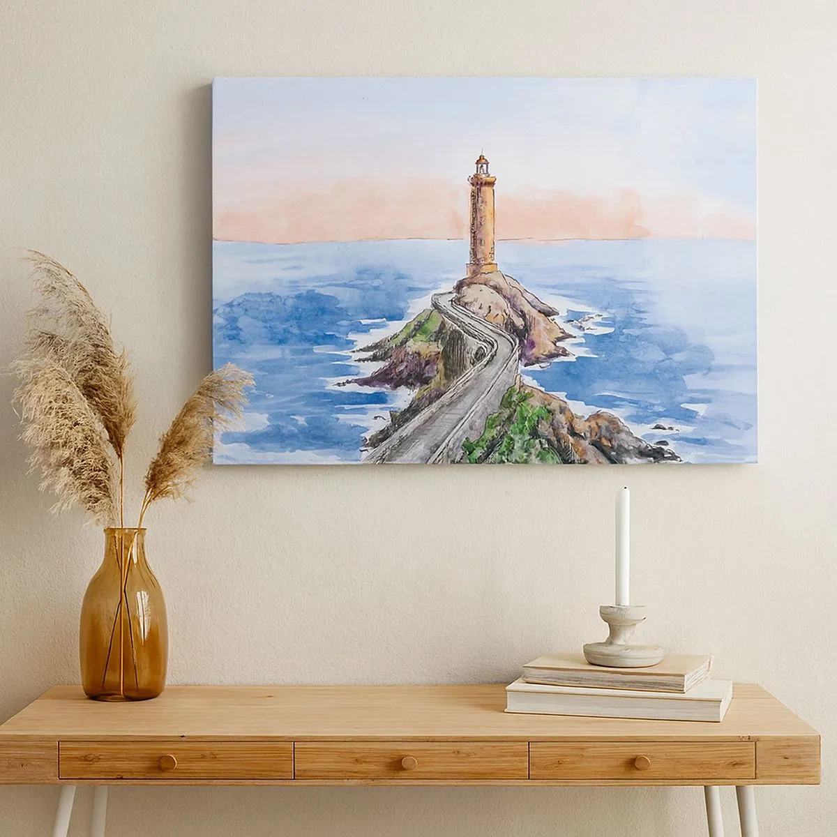 Canvas picture - A lighthouse on a rocky shore - 70x50cm - In the Direction of the Sea - Modern wall decoration for the living room and bedroom ARTTOR