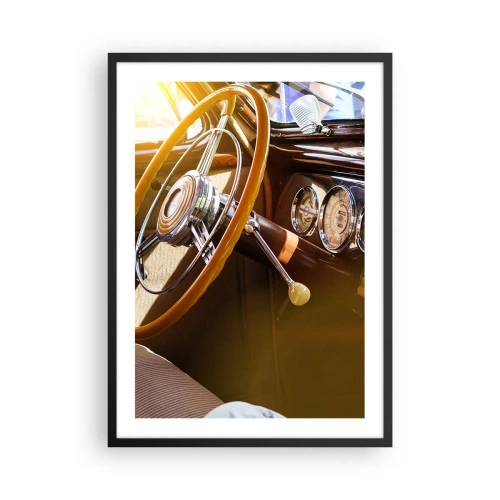 Poster in black frame - Interior of a classic car with a steering wheel - 50x70cm - Breath of Luxury form the Past - Modern wall decoration for the living room and bedroom ARTTOR