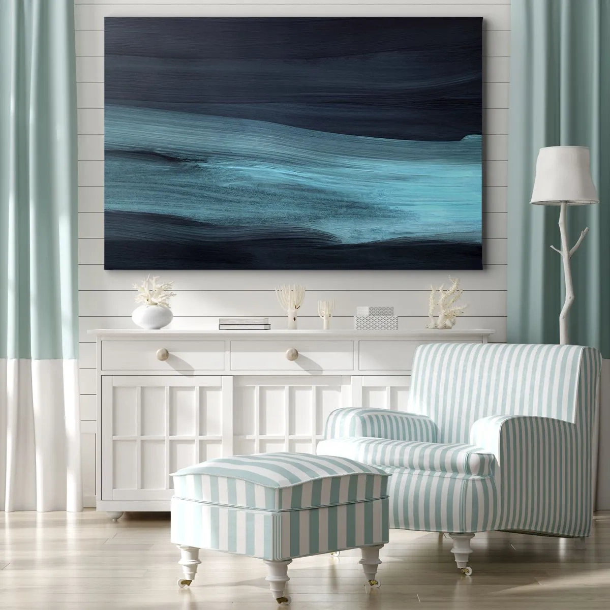 Canvas picture - Subtle abstract waves in dark shades of blue - 70x50cm - Swim with the Flow - Modern wall decoration for the living room and bedroom ARTTOR