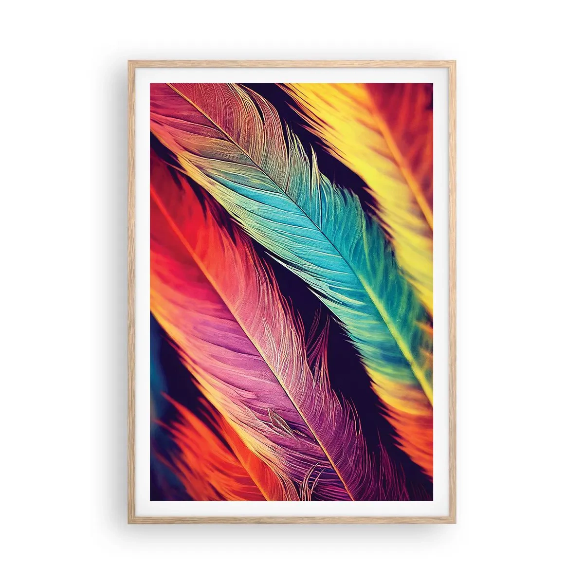 Poster in light oak frame - Feathered Rainbow - 70x100 cm