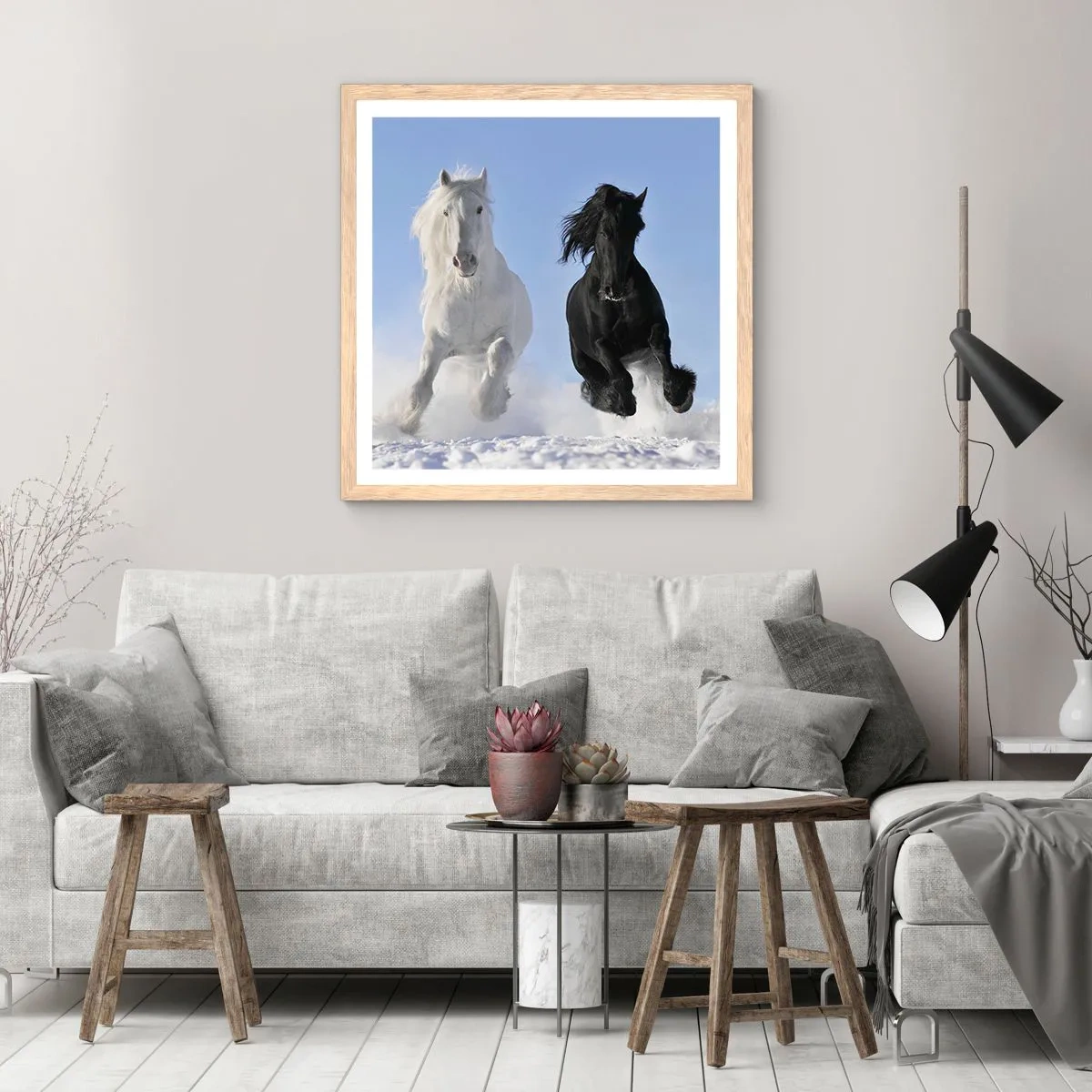 Poster in light oak frame - Black and White Gallop - 60x60 cm