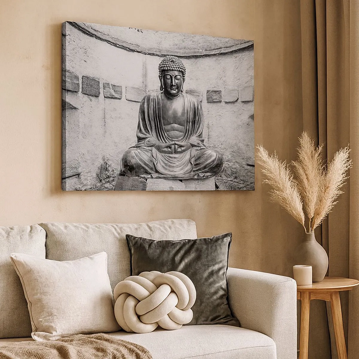 Canvas picture - Black and white Buddha statue in a meditative pose - 70x50cm - At the Source of Peace - Modern wall decoration for the living room and bedroom ARTTOR