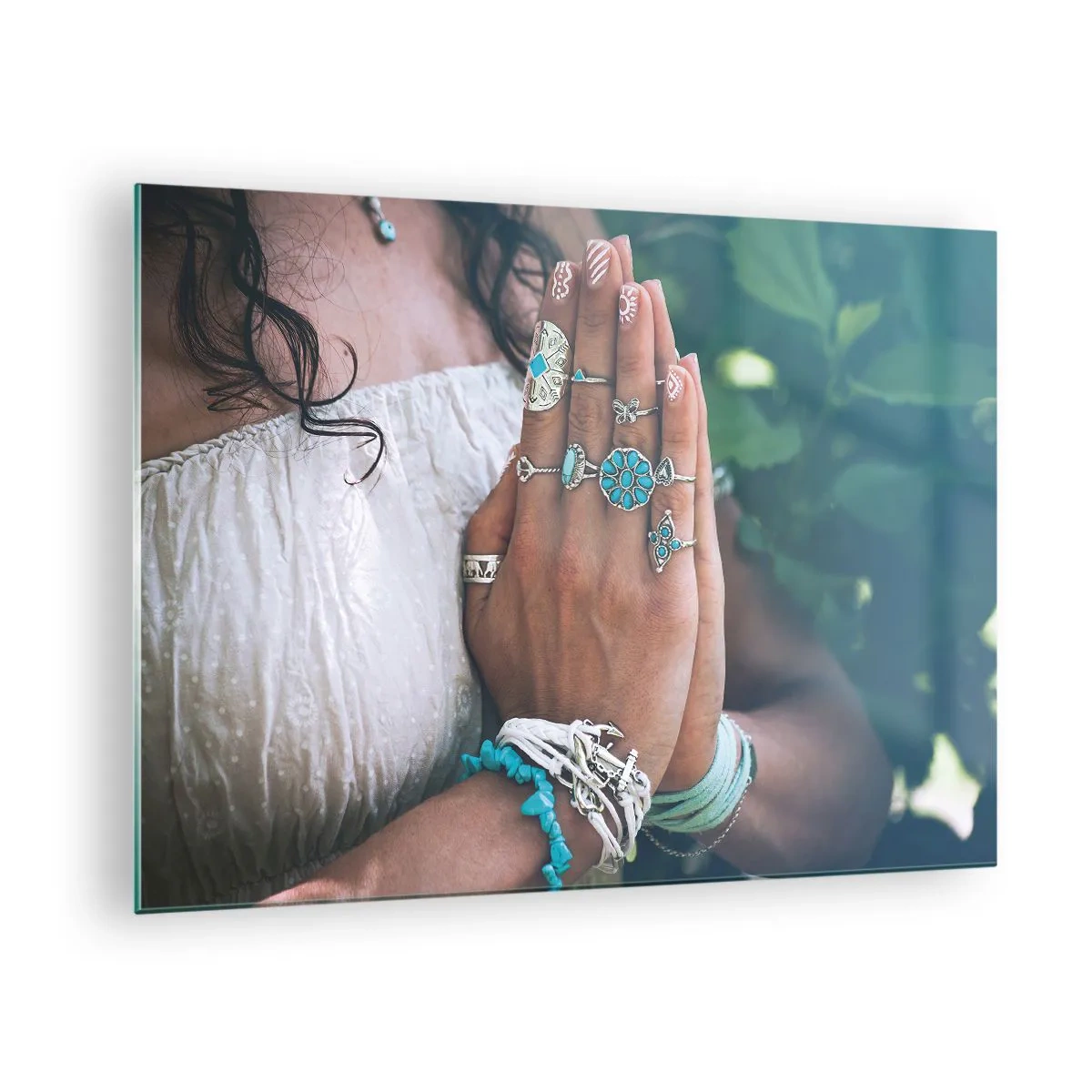 Glass picture - Woman's hands wearing boho jewelry - 70x50cm - Welcome to the Centre of Wellbeing - Modern wall decoration for the living room and bedroom ARTTOR