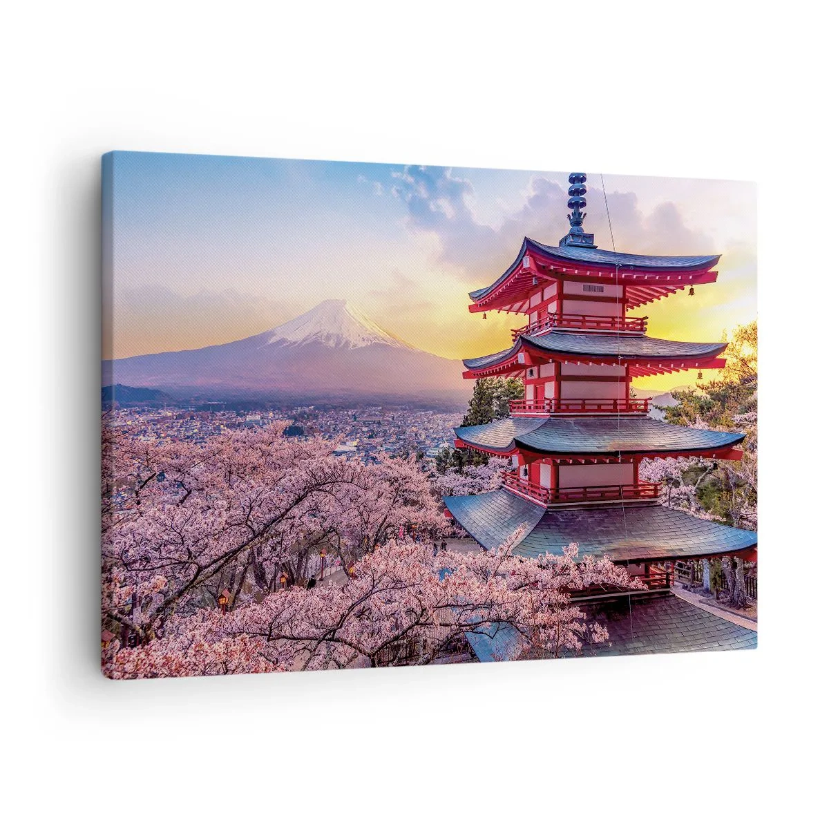 Canvas picture - A pagoda in Japan with cherry blossoms and Mount Fuji - 70x50cm - The Essence of Japanese Spirit - Modern wall decoration for the living room and bedroom ARTTOR