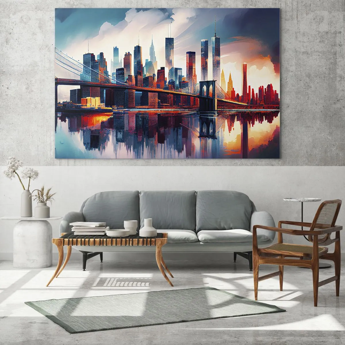 Glass picture - Panorama of the city with a bridge against the colorful sky and reflection in the water - 70x50cm - Fabulous New York - Modern wall decoration for the living room and bedroom ARTTOR