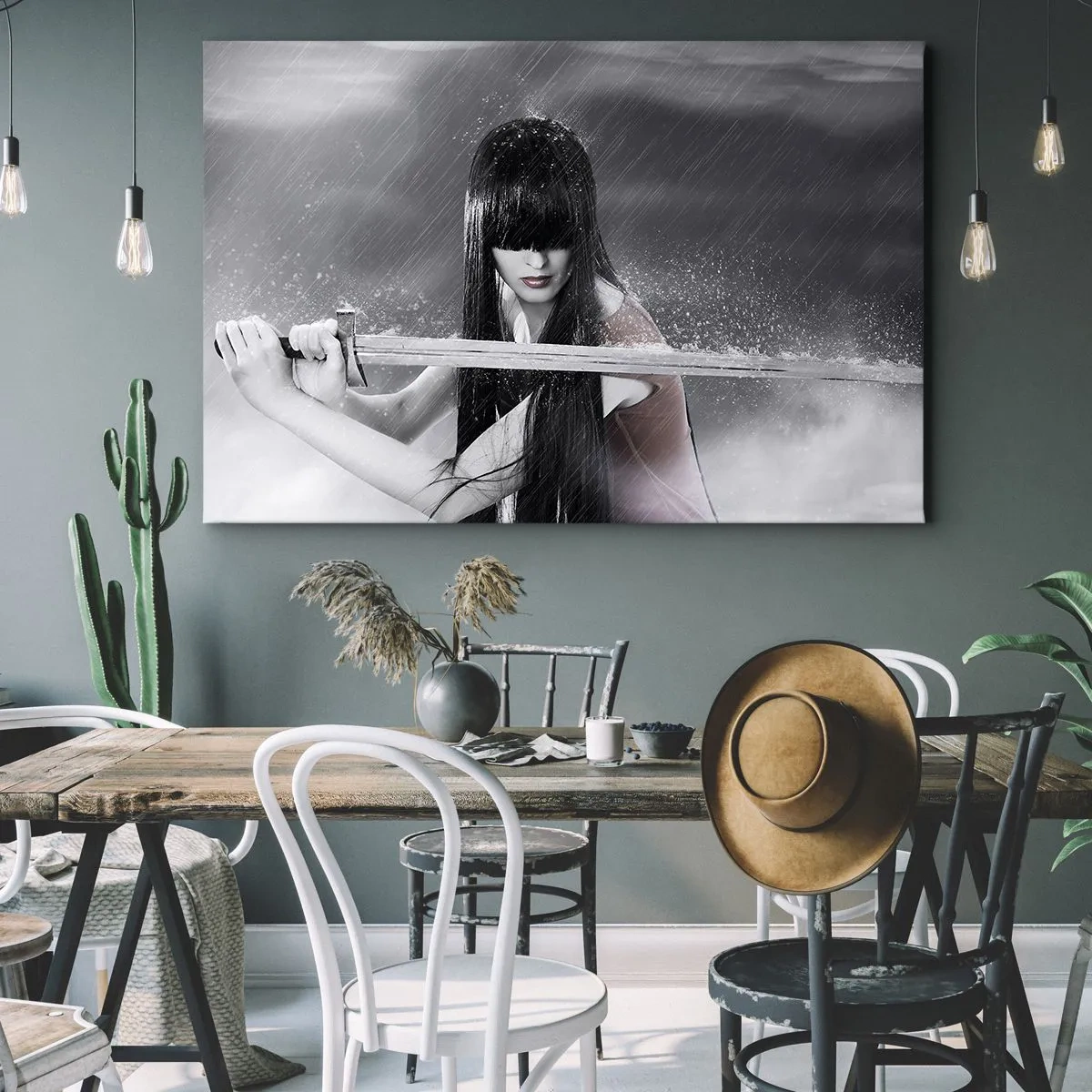 Canvas picture - A woman with a sword in the rain with a dynamic and mysterious appearance - 70x50cm - Beautiful and Dangerous - Modern wall decoration for the living room and bedroom ARTTOR